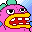 Pixel art contact sheet showing two frames of a pink cartoon character with yellow mouth and red teeth, displaying different facial expressions against a checkered background.