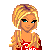 Pixel art contact sheet showing three frames of an animated icon featuring a blonde character in red attire with visible text elements below each frame.