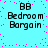 Pixelated cyan background with scattered pink dots, four identical text blocks reading "BB Bedroom Bargain" in black pixelated font.