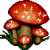Pixelated red mushrooms with white spots on brown stems and green grass, arranged in a cluster.