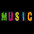 Four pixelated display text fragments: 'MUSIC' in multicolor, 'IS' over a character, 'MY', and 'LIFE' on abstract backgrounds