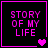Four identical black square with pink borders display 'STORY OF MY LIFE' text and heart symbols, with heart count increasing from one to three across frames