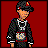 Pixel art contact sheet of a character in various poses with repeated text elements on red background
