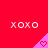 Red background with repeated 'XOXO' text and pink triangular shapes containing heart symbols.