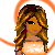 Pixel art of a woman in an orange dress with curly hair, surrounded by swirling orange patterns and text fragments.