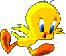Yellow cartoon bird with blue eyes and orange beak in four sequential poses showing wing and leg movement against gray background.