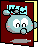 A pixel art animation of a light blue cartoon character peeking from behind a red door with yellow trim, showing two distinct facial expressions across frames.