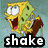 Yellow sponge character with green spots, brown shorts, wide eyes, open mouth, and text overlays reading shake, dat, thang!