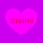 Four pink hearts on a purple background, each containing red pixelated text reading DANNY.