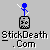 Blue stick figure with white sword atop gray device displaying '50', below text 'StickDeath .Com' on light gray background.