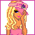 Pixel art of a blonde woman in a pink top and headband, with three variations showing hand positions near her face and text elements below.