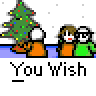 Animated contact sheet of a pixel art buddy icon sequence showing character interactions with Christmas trees, phones, and cars across multiple frames.