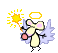 Pixelated angel character with yellow body, pink bow, and purple wings holding a glowing wand against gray background.