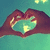 Two hands form a heart shape against a teal background with yellow stars; the word 'love' appears in white text on black outline.