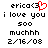 Pixelated text displays 'erica<3' with a red heart symbol, followed by 'i love you', '500 muchhh', and date '2/16/08'.
