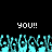 Pixelated cyan figures with raised arms appear below repeated 'you!!' text on a black background.