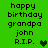 Green background displays pixelated text 'happy birthday grandpa john R.I.P.' with a heart symbol, showing two animation states where the heart's color shifts from dark green to light green.