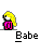 Pixel art character with yellow hair and pink top labeled 'Babe' appears in multiple poses, some with speech bubbles reading 'WHOA!!!', 'HE'S', or 'HOT!!'.