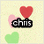 Pixelated icon with 'chris' text over pastel hearts, transitioning to 'I love you.' with colored hearts and text.
