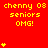 Red background with yellow text 'chenny 08 seniors OMG!' repeated , animated yellow plus signs in vertical and scattered positions