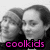 Two side-by-side grayscale images of a person with dark hair, each showing the same figure in profile and front view, with text below reading 'coolkids' in pink on left and blue on right.