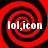 Four identical red and black spiral patterns arranged in a with white text 'lol,icon' overlaid on each spiral