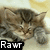 A pixelated cat with brown and gray fur lies down, eyes closed, with 'Rawr' text below and a heart symbol appearing on the right side.