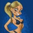 Animated cartoon character with blonde ponytail in black bikini top and blue bottom, standing against solid blue background.