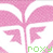 Pixelated floral design with pink and green color variations, featuring four leaf-like shapes on a white background.