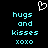 Pixelated cyan text 'hugs and kisses xoxo' with a white heart outline above, displayed on black background.