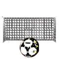Animated soccer ball sequence showing movement toward and into a goal net across five frames on a gray background.