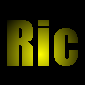 Yellow 'Ric' text repeated across black background with red spherical particles floating and changing size.