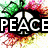 Colorful peace symbol with green leaves and red flowers above the word PEACE, transitioning to a card deck with red hearts and the word LOVE, then to a rainbow swirl with black dashed lines.