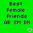 Green background with black pixelated text reading Best Female Friends AB SM EN and two white heart symbols at bottom.