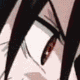 Anime-style eye with black hair strands, transitioning from closed to open state showing a red iris and pupil.