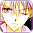Pixelated static icon of a blonde anime character with closed eyes, wearing a black bow tie and red collar against a white background.