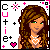 Pixel art contact sheet showing two animated frames of a cartoon woman with long brown hair, green eyes, and heart-shaped necklace against white background with pink/black accents.