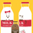 Two white bottles with red caps and labels sit against a yellow background, one bottle has a cartoon face on its label.
