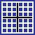 A grid of blue square tiles arranged in a 7x7 pattern with a black cross dividing the grid into four quadrants, set against a white background with a blue border.