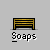 Pixel art animation of a character with white face and blue-yellow clothing interacting with a brown bench on gray background, text "Soaps" below.