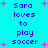 Cyan background with purple text reading 'Sara loves to play soccer' and pink starbursts, animated by changing starburst positions.