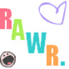 Colorful pixelated text 'RAW R.' with a purple heart outline and a circular cartoon face on a white background.