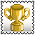 Golden trophy icon with two handles and a circular base, displayed in a of six with varying text overlays and animation effects