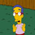 Pixelated yellow-skinned cartoon character with blue hair, red mouth, white eyes, and a light pink tank top against green background.