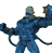 Pixelated figure in blue and gray attire with raised arms, holding a dark object in one hand against a plain background.