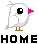 Pixelated white bird with pink beak and orange feet, two states showing eye change from black to yellow-and-gray.