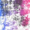 Pixelated abstract composition with blended blue, purple, and pink hues forming indistinct shapes against a white background.