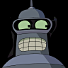 Static pixel art of a robot head with glowing green eyes and a grid-patterned mouth, set against a black background.