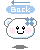 Pixelated white bear head with pink cheeks, blue flower on right ear, black smiley eyes and mouth; light blue 'Back' button above.