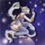 A pixelated figure in a white and gold outfit with flowing sleeves and a blue skirt, posed dynamically against a dark blue starry background.